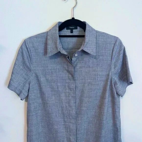 Theory Button-down Eco Sharkskin Dress in Blue Melange, Size Small - Picture 4 of 6